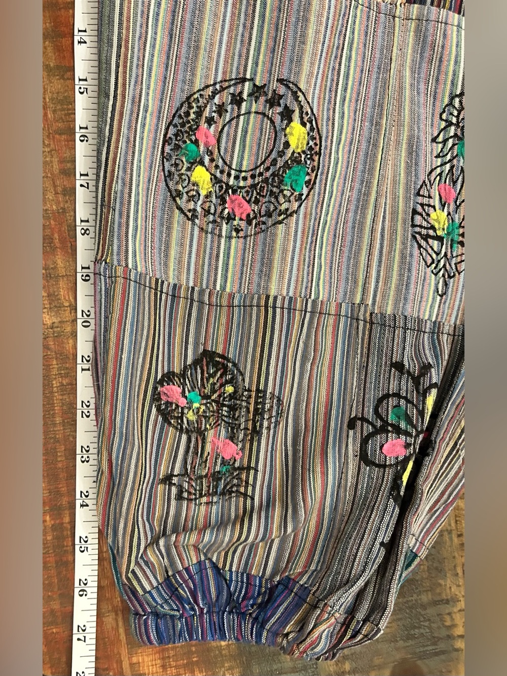 Boho Patchwork Wide-Leg Colorful Striped Harem Pants Cotton Folk Print Size L/XL - Picture 13 of 16